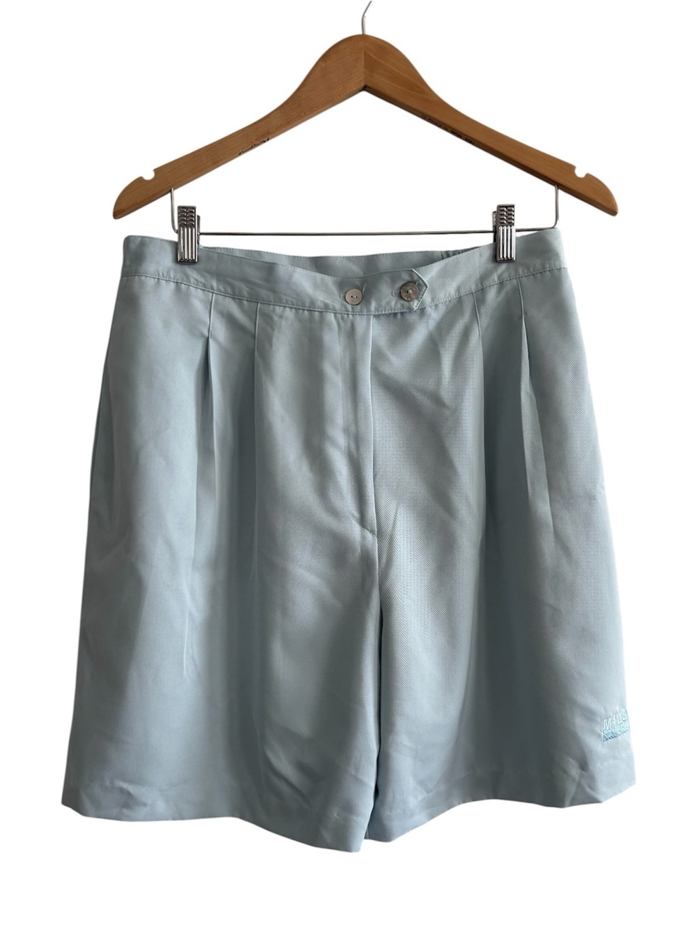 Vintage Light Blue Pleated Tailored Bermuda Shorts High Waisted